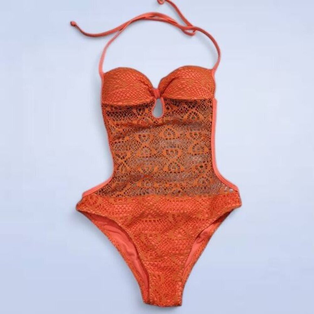 Anemone Bright Orange Crochet Lace One Piece Bathing Suit - Size‎ Small